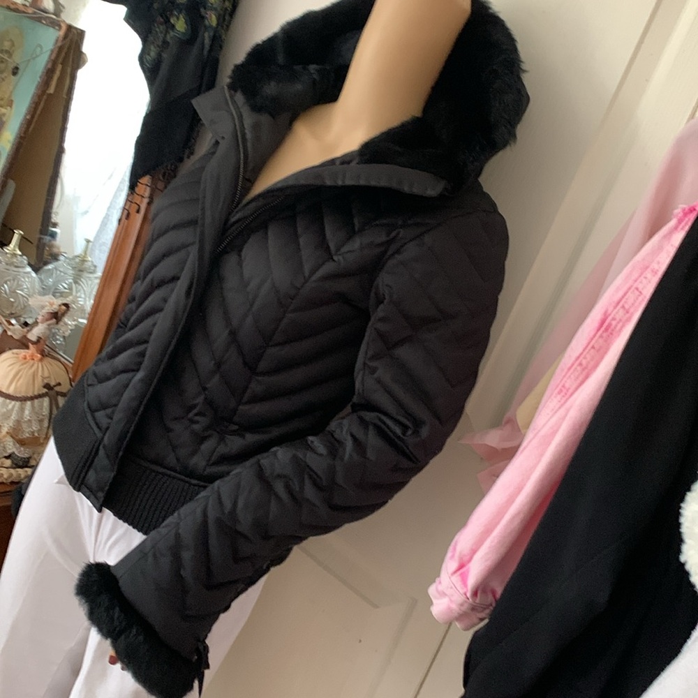 Bebe RARE Y2K Lace Up corset HOODED DOWN Fill Genuine Rabbit FUR jacket M🇨🇦 - Picture 9 of 15